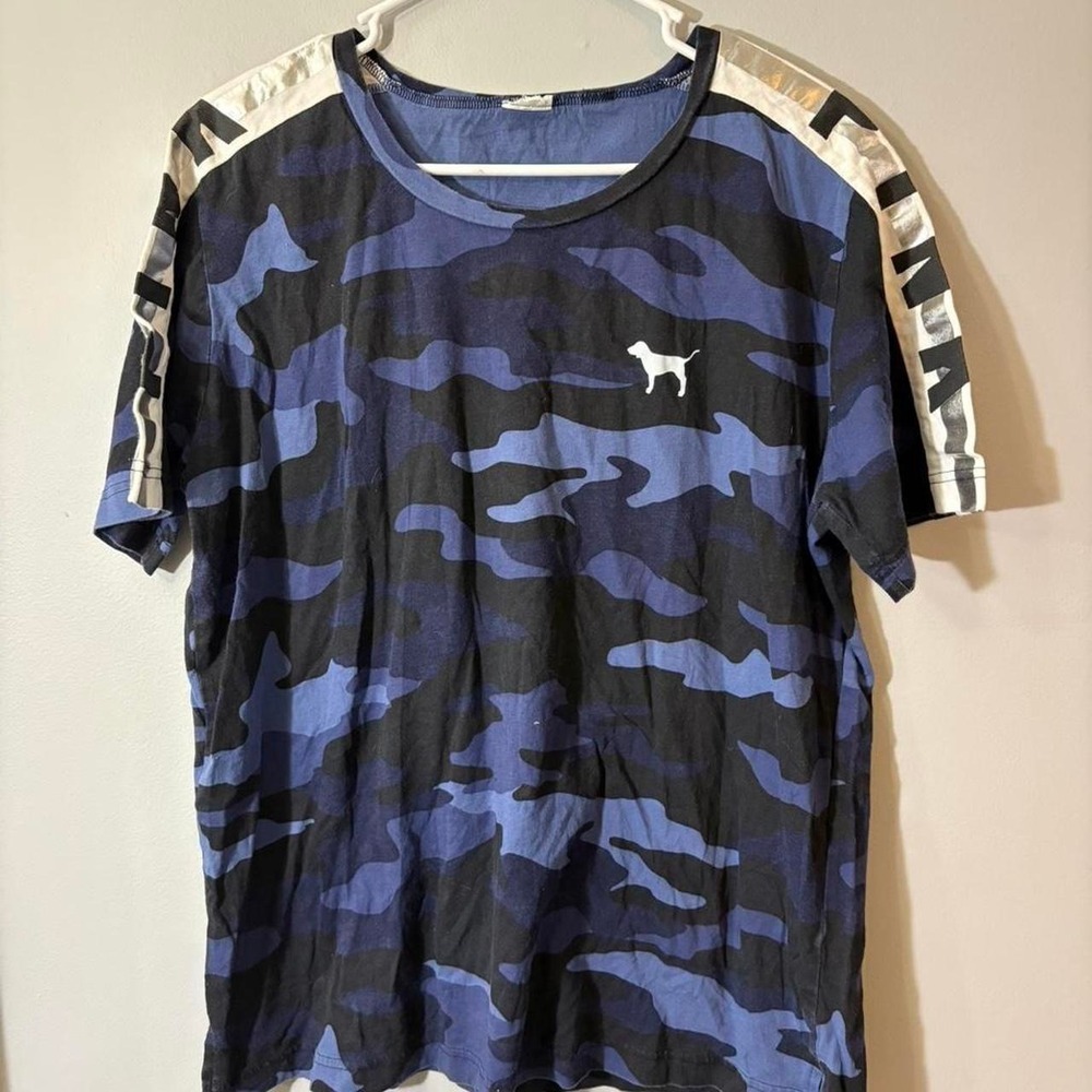 Victoria's secret pink blue camo t-shirt with white dog logo